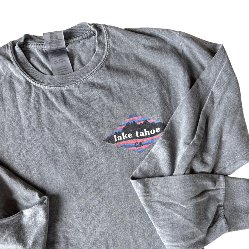 Gildan Ultra Cotton Lake Tahoe CA Long Sleeve Graphic T-Shirt Grey Small